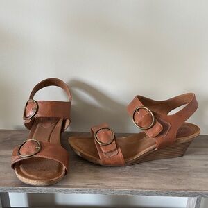 Women’s Tan Faux Leather Wedge Sandals with Velcro Buckle Straps